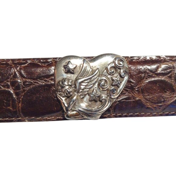 Brighton Belt Brown Croc Embossed Leather Silver Heart Conchos Small USA Vintage - Picture 5 of 16
